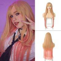 GAKA Female Long Straight Hair Light Blonde Pink Gradient Hair Wig Head Cover With Bangs Lolita Synthetic High Temperature Resis