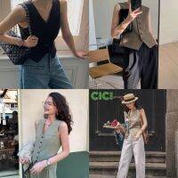 ?ห้ามพลาด! Cici(NO.2247)TankTop เสื้อเบลเซอร์แขนกุดคอวี ดีเทลกระดุมผ่ากลางสไตล์วินเทจเกาหลี สุดพิเศษ