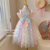 2023 Kids Dress Girl Summer Dress Rainbow Butterfly Wings Floral Puff Sleeve Dance Performance Tutu Mesh Princess Dress Clothes  by Hs2023