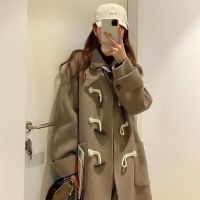 【CW】 College style lovely woolen coat medium length buckle student JK camel winter 2023 autumn new