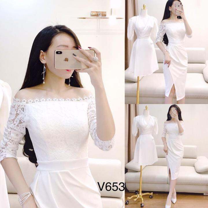 Váy body trắng phối ren trễ vai dài tay (KF3 -V653) - [SALE ...