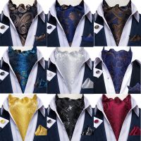 ◎● Men Premium Silk Ascot Tie Set Paisley Floral Blue Red Vintage Wedding Formal Cravat Tie Ascot Scarves Pocket Square Set DiBanGu