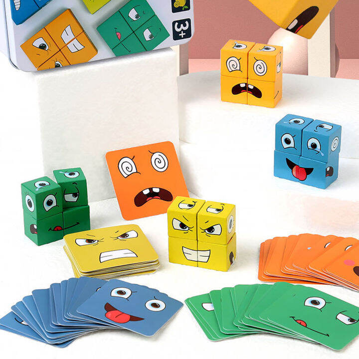 Wooden Face Changing Magic Cube Building Blocks Game Matching Expression Puzzle Toy Board Games