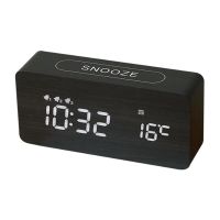 Alarm Clock LED Digital Wooden USB/AAA Powered Strap Temperature Humidity Voice Control Snooze Electronic Desk Clock