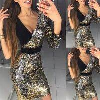 [COD] 2019 ebay temperament sexy womens sequin mid-waist long-sleeved V-neck one-step dress