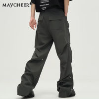 MAYCHEER   กางเกงขนส่งสินค้าแนวราบเหล็กแหลมกลมหลวมกางเกงขายาวลำลองของผู้ชาย