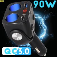 LED QC3รถยนต์ไฟแช็ก S Plitter ซ็อกเก็ต2Way พลังงาน3.4A 90วัตต์2USB อะแดปเตอร์ชาร์จศัพท์แรงดันไฟฟ้าดิจิตอลเต้าเสียบอัตโนมัติ