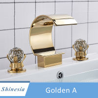 Shinesia Luxury Golden Bathroom Basin Faucet for Vessel Sink Crane Waterfall Hot and Cold Water Mixer Tap Dual Cristal Handle