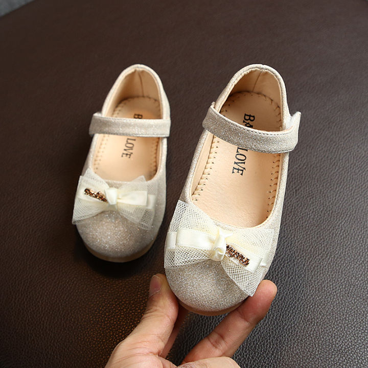 รองเท้าคัทชูขนาดเล็กสำหรับเด็กผู้หญิง-รองเท้าเจ้าหญิงมีโบว์ผ้าลูกไม้แวววาวขนาดเล็กสำหรับฤดูใบไม้ผลิและฤดูใบไม้ร่วง