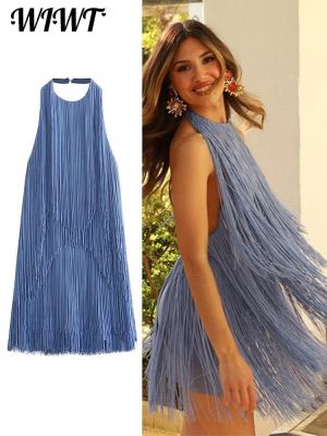 【HOT】✈☃ Backless Tassels Loose Halter Sleeveless Evening Dresses Female 2023 Vestido