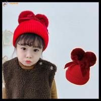 HUJAKON น่ารัก โค้งคำนับ ลูกขนยาวคู่ Bobble Cap หมวกถัก หมวก หมวก