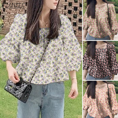 Esolo ZANZEA Korean Style Womens Square Neck Floral Printed 3/4 Sleeve Shirts Summer A Line Tops Party Blouse KRS #10