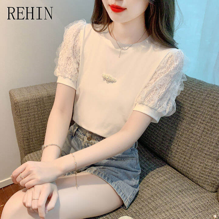 rehin-เสื้อผู้หญิงแฟชั่นหรูหราใหม่ฤดูร้อนคอกลมฉบับภาษาเกาหลีแผงลูกไม้อเนกประสงค์-เสื้อสตรีแขนสั้น-sweet-s-xl