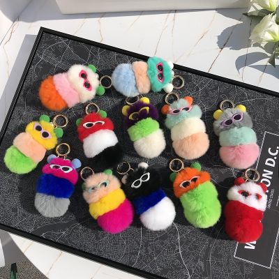 【CW】 Real Rex Fur Pompom Keychain With Sunglasses and Knit Hat Insect Beach Purse