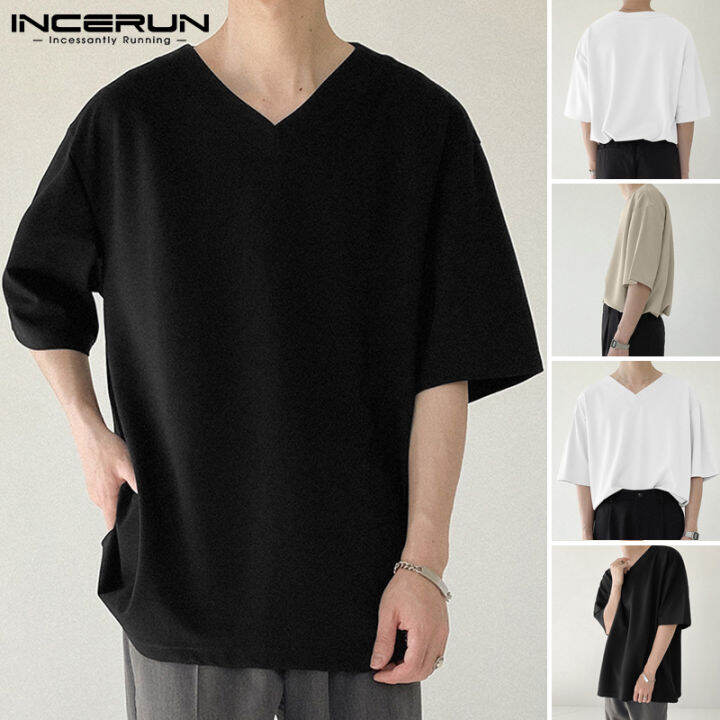 incerun-เสื้อคอวีสำหรับผู้ชายเสื้อยืดใส่ลำลองชุดชายหาดทางการเสื้อกีฬายิม-สไตล์เกาหลี