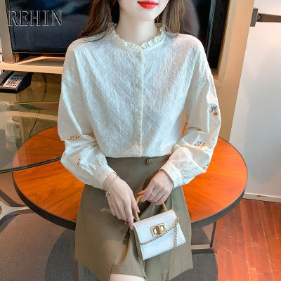 REHIN Women S Top High-Neck Ruffle Long Sleeve Shirt Ladies French Lace Cotton Blouse