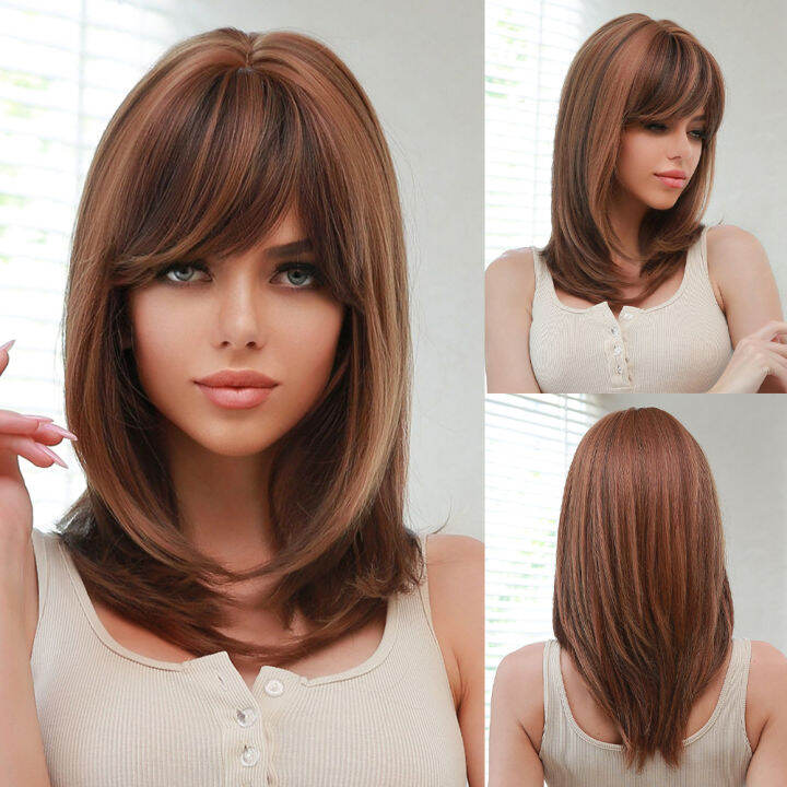 onenonly-short-bobo-ombre-brown-synthetic-wigs-with-bangs-layered-hairstyle-for-white-black-women-natural-hair-heat-resistant