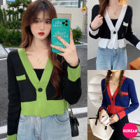 ?Korean Fashion?เสื้อครอปคาร์ดิแกน มีกระดุม 1 เม็ด ไหมพรมสีทูโทน 3 สี