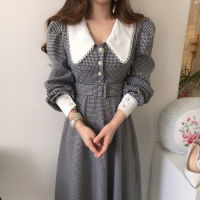 ONALIPPA Women Dress 2021 Autumn French Elegant Temperament Lapel Lace Check Chic Single-Breasted Waist Puff Sleeve Vestidos