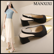 MANXIXI Fashion Women Loafer Mid Heels Beautiful Leather Mules Sandals