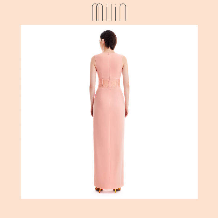 milin-ruched-under-bust-detail-sleeveless-v-neck-long-dress-เดรสยาวแขนยาวคอวี-ดีเทลแต่งรูดใต้อกดีเทลแต่งลูกไม้โปร่ง-และเส้นกุ๊น-diadasia-dress