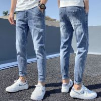 ✗﹉ Summer thin jeans mens slim feet handsome Korean version trendy all-match elastic high-end nine-point pants men