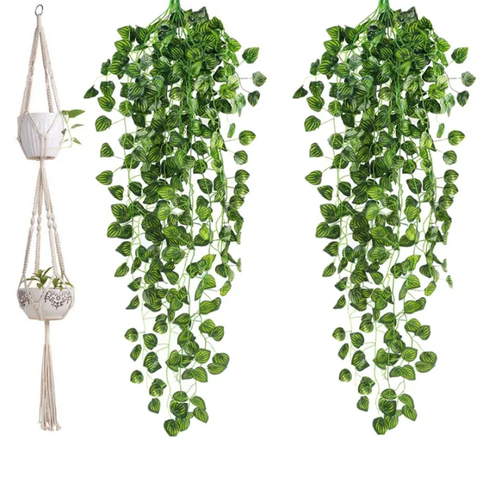 1 Pcs Macrame Double Plant Hanger 2 Tier Hanging Planter & 2Pcs