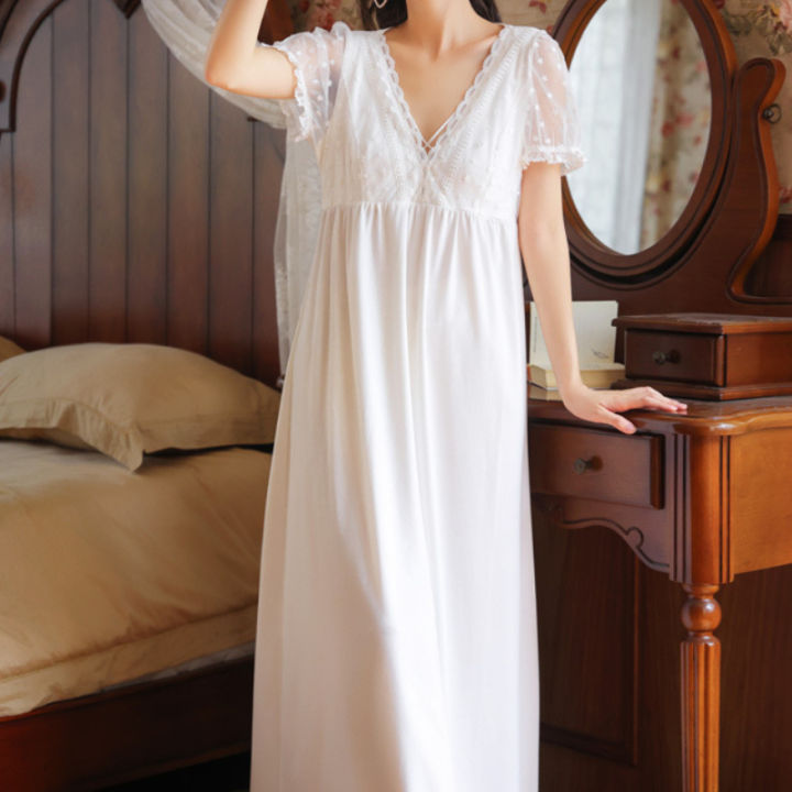 2021White Long Night Dress Women Cotton Fairy Lace Peignoir Sexy V Neck Nighty Vintage Nightgown Victorian Princess Lounge Sleepwear