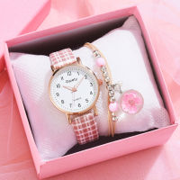 2pcs Set Watch Women Fashion Casual Plaid Leather Bracelet Watches Set Simple Ladies Small Dial Girls Quartz Clock Reloj Mujer