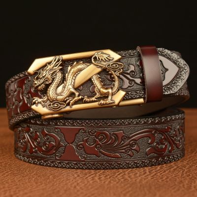 3.5Cm Fashion Embossing Retro Male Belts For Men Business Cowhide Genuine Leather Belt Dragon Pattern Automatic Buckle Strap