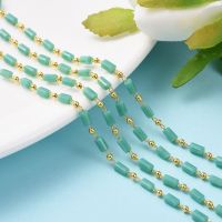 1m  3.28 Feet Handmade Glass Beaded Chains Soldered with Brass Findings Long-Lasting Plated Real 18K Gold Plated Cuboid Sea Green 4.5x2.5~3x2.5~3mm 2mm