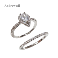 Andrewxdi 2ชิ้น/เซ็ตประณีต Silver Cubic Zirconia เจ้าสาว Rhinestone แหวนหมั้น Full Diamond Zirconia Solitaire Ring