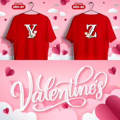 เสื้อยืด เสื้อคู่รัก ดอกกุหลาบวาเลนไทน์ ตัวอักษร (YZ) เสื้อทีม สีแดงคอกลม
