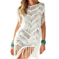 โครเชต์สีขาวชุดคลุมบิกินี่ Robe De Plage Pareo Hollow Out Tassel Playa De Mujer ชุดเดรสว่ายน้ำเซ็กซี่ขึ้น