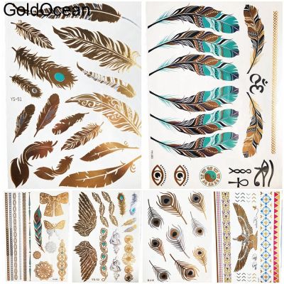 hot！【DT】✗☃  Gold Feather Metallic Temporary Sticker Arm Clavicle Flash Tatoos Chest Face