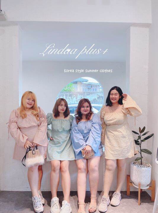 ชุดเดรสสาอวบ-ทรงสม๊อคแขนป่อง-ปาดไหล่-ไซส์ใหญ่-plussize