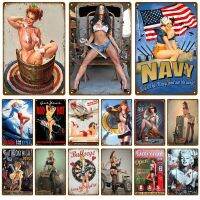 Vintage Metal Sign-เครื่องบินรถตลกพร้อม Pin Up Girls - Craft Pub Bar Home Wall Decor ป้ายดีบุก