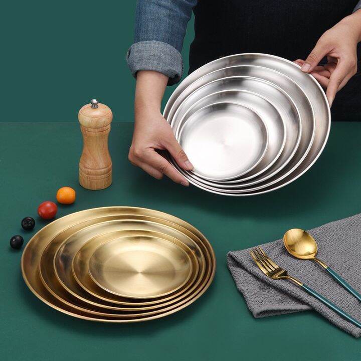 stainless-steel-dinner-plates-restaurant-gold-serving-tray-round-dessert-cake-snack-dishes-silver-storage-plate-korean-cutlery