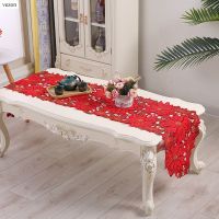 vezon New Christmas Polyester Embroidery Xmas Table Runner Satin Tablecloth Cutwork Placemat Red Table Flag Towel Cloth Covers