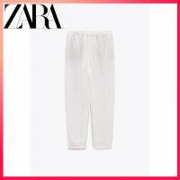 Zara ใหม่ กางเกงขายาว ลําลอง ผ้าลินิน เอวกลาง แนวตรง สีขาว แฟชั่นฤดูร้อน สําหรับสตรี