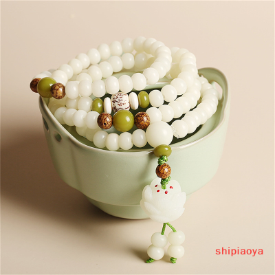 Shipiaoya ดีไซน์ดั้งเดิมสีขาวธรรมชาติสร้อยข้อมือลูกปัดรากโพธิ์ของขวัญเครื่องประดับดอกบัว