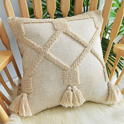 Linen cushion cover 45x45cm Boho Style Tassels pillow cover Beige for Home decoration Netural Living Room Bedroom