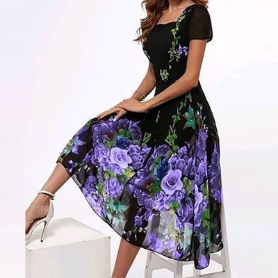 Fashion Square Neck Party Dress For Women Summer Elegant Floral Printed Vintage Long Dress Casual Short Sleeve Lady A-Line Dress