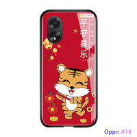 เคสใส่โทรศัพท์สำหรับ OPPO A18 A38การ์ตูนจีนดั้งเดิมปีเทศกาลฤดูใบไม้ผลิดีไซน์เสือเคสมันวาวกันกระแทกกระจกเทมเปอร์เคสโทรศัพท์ด้านหลัง