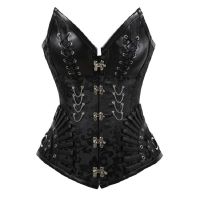 ใหม่ล่าสุด Steampunk Corset Gothic เสื้อผ้าเซ็กซี่ Faux หนัง Corset 14 Steel Boned Corsets และ Bustiers Chain Modeling