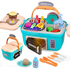 Portable Picnic Kitchen Toy with Music&Light 4 in1 Play Sink Oven BBQ Grill Cooking Toy Color Changing Foods Playset for Toddlers D-FantiX Kids Picnic Basket Toys 