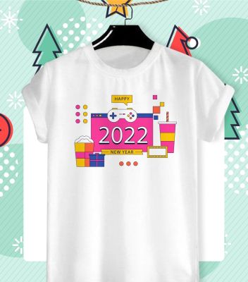 เสื้อยืดลายปีใหม่ Happy New Year &amp; Merry Christmas 2022 ลายน่ารักๆ ผ้า TK ใส่สบาย สีสันสดใส ไม่ยืดไม่ย้วย