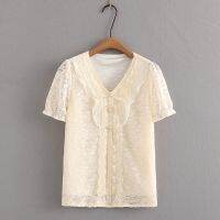 【มีไซส์ใหญ่】Plus Size L-4XL V-neck False Button Summer Shirts Ladies Florl Embroidery Female Tops Elegant OL Top