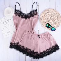 Women Sleepwear Set Lace Pajamas Pants Blouse Set Baju Tidur Malam