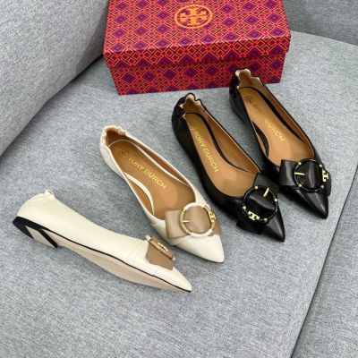 2023 new TB New Style Pointed Toe Metal Round Buckle Flat Shoes Ladies Fashion